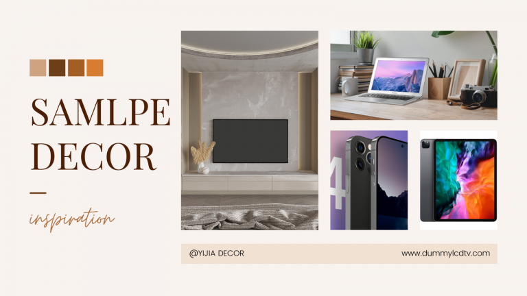 Prop electronics collage in beige layout — wall-mounted prop TV on living-room wall, silver prop laptop on desk, smartphone close-ups, and tablet; non-functional display models with lightweight internal frames