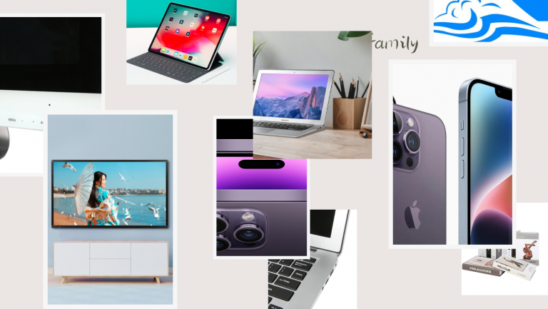Mixed collection of lifestyle prop electronics including dummy TV, laptop, smartphone, tablet, and decorative books used for showroom and interior staging.