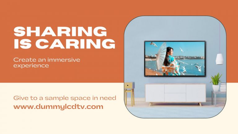 Living room staging with wall-mounted prop TV (dummy TV) on media wall