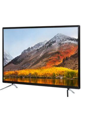 55 inch prop TV (dummy TV) three-quarter front view with dual table legs on white background