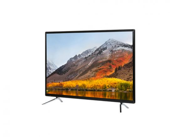 55 inch prop TV (dummy TV) three-quarter front view with dual table legs on white background
