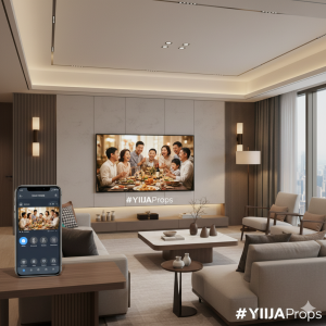 98-inch prop TV in glossy black by YIJIA PROPS, front view