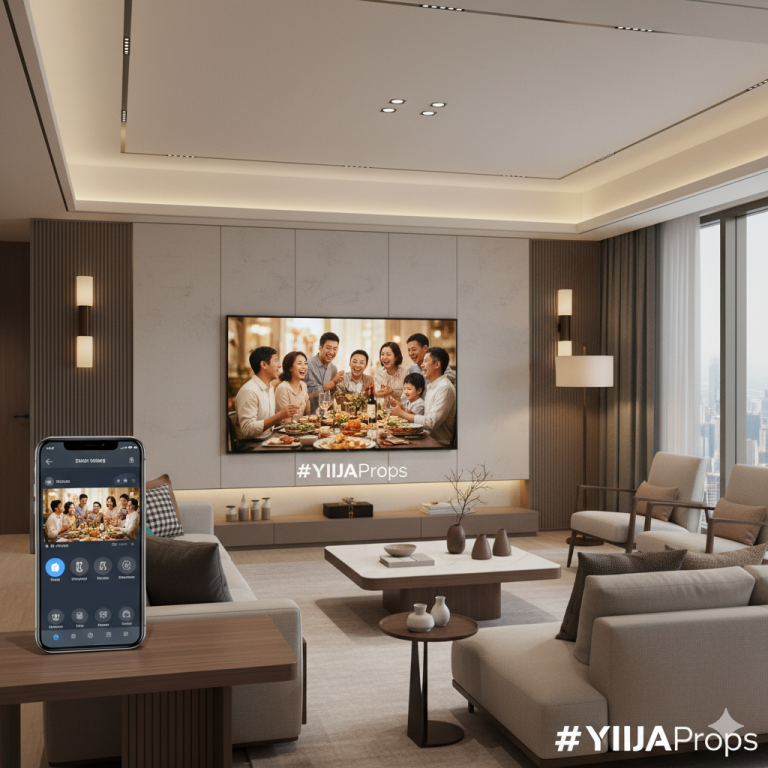 98-inch prop TV in glossy black by YIJIA PROPS, front view