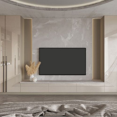 YIJIA's 50-inch black prop TV for bedroom staging.