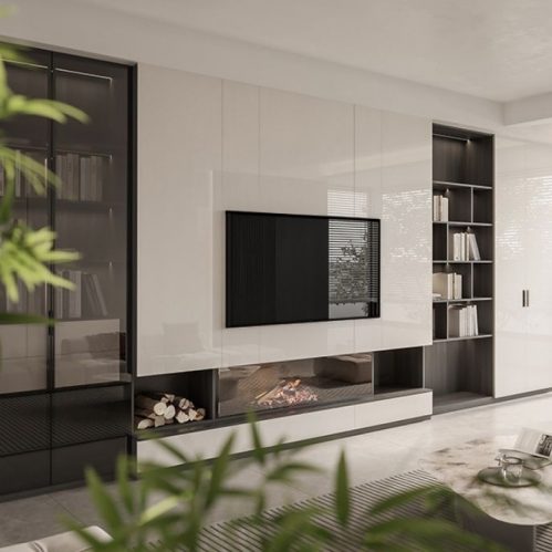 YIJIA's 65-inch black prop TV in a staged living room.