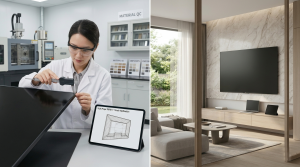 A split-image showing a technician in a lab measuring a TV screen for quality control on the left, and a modern living room with a mounted TV on the right.