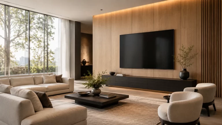 Black-screen prop TV above a dark cabinet on a wood wall, with cream seating and a large window overlooking trees.
