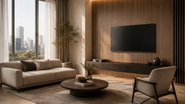 black-prop-tv-city-apartment-living-room 55-Inch Prop TV for Showrooms, Model Homes & Staging | YIJIA Props