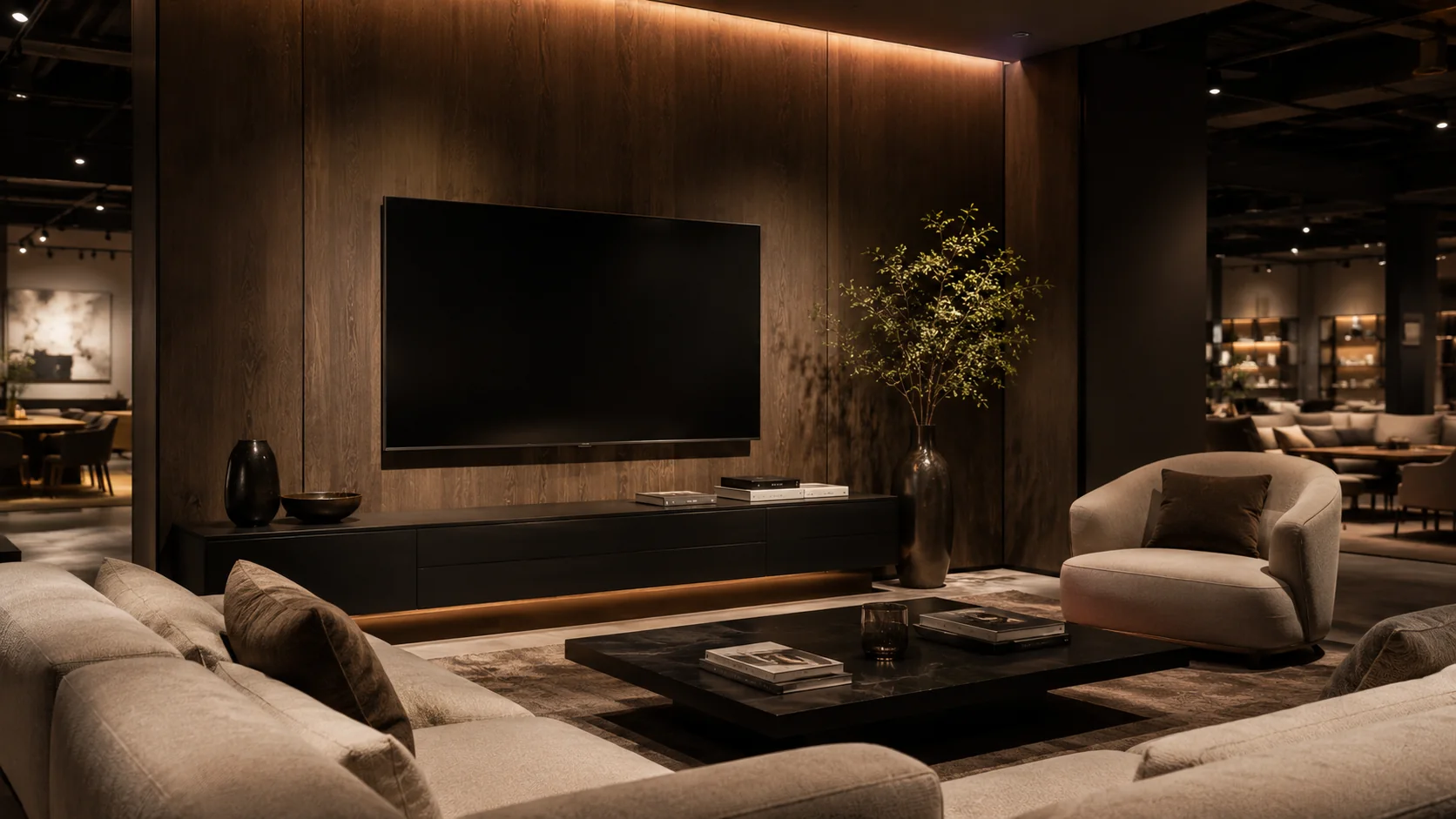 Black YIJIA prop TV in a dark luxury furniture showroom display