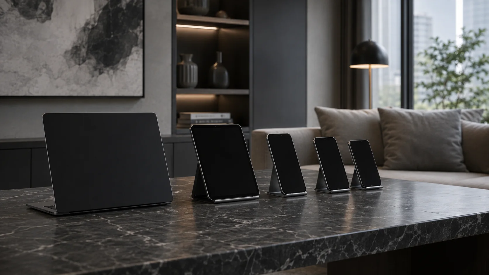 YIJIA dummy laptop, tablet and smartphone display props arranged in a modern interior