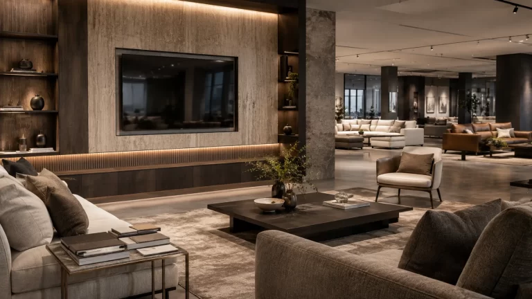 Black-screen prop TV framed by a stone feature wall and illuminated shelving, with sofas and a coffee table in front.