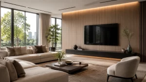 Black-screen prop TV above a dark cabinet on a wood wall, with a tall window, cream sofa and light lounge chair.