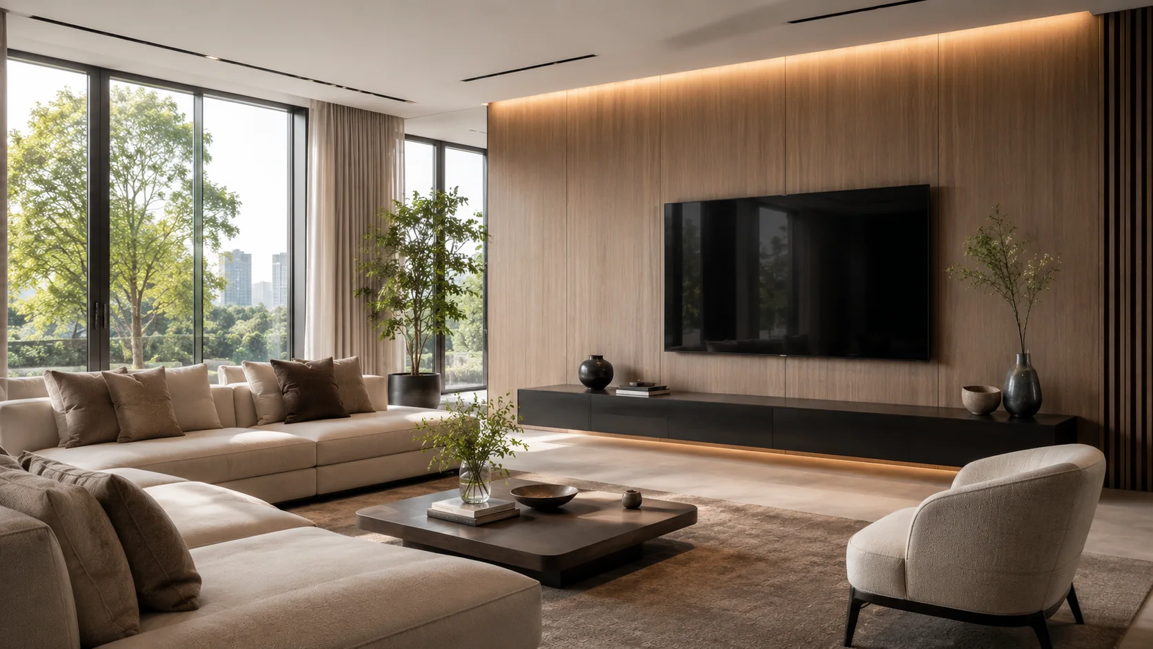 Black-screen prop TV above a dark cabinet on a wood wall, with a tall window, cream sofa and light lounge chair.