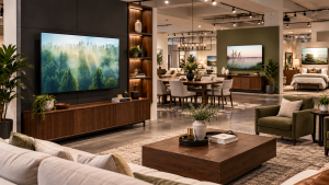 Prop TV with forest screen imagery above a wooden cabinet, with neutral sofas, a coffee table and adjacent furniture displays.