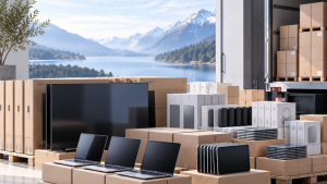 TV, laptop, tablet and phone display models grouped with boxes and packing materials in a bright storage area.
