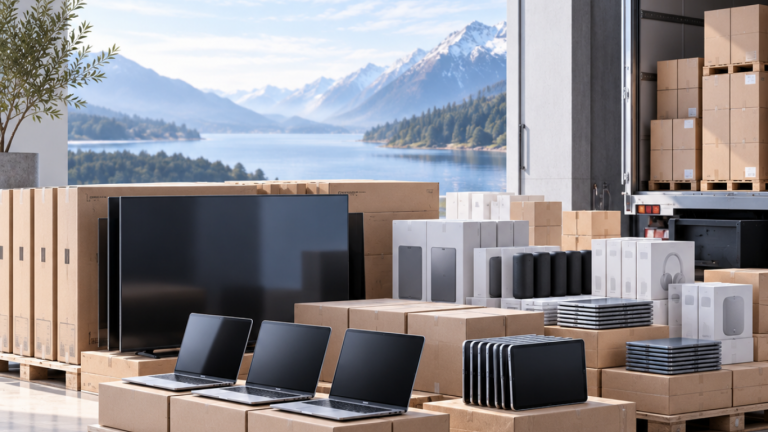 TV, laptop, tablet and phone display models grouped with boxes and packing materials in a bright storage area.