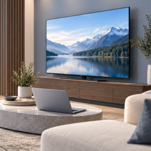 TV displays with mountain-lake imagery and laptop props arranged in repeated furniture settings beside large windows.