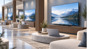 TV displays with mountain-lake imagery and laptop props arranged in repeated furniture settings beside large windows.