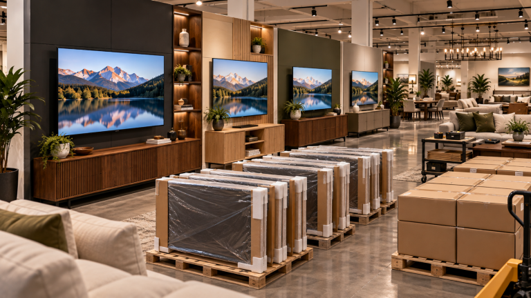 Wrapped TV models on pallets beside a row of mountain-lake TV displays, wooden cabinets and furnished showroom settings.