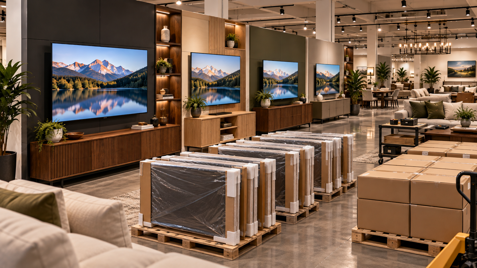 Wrapped TV models on pallets beside a row of mountain-lake TV displays, wooden cabinets and furnished showroom settings.