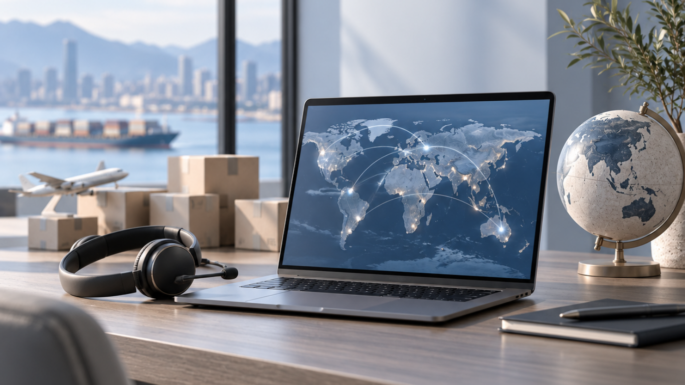 Laptop with a world-map screen image, headphones, sample boxes and a globe on a desk beside a city-view window.