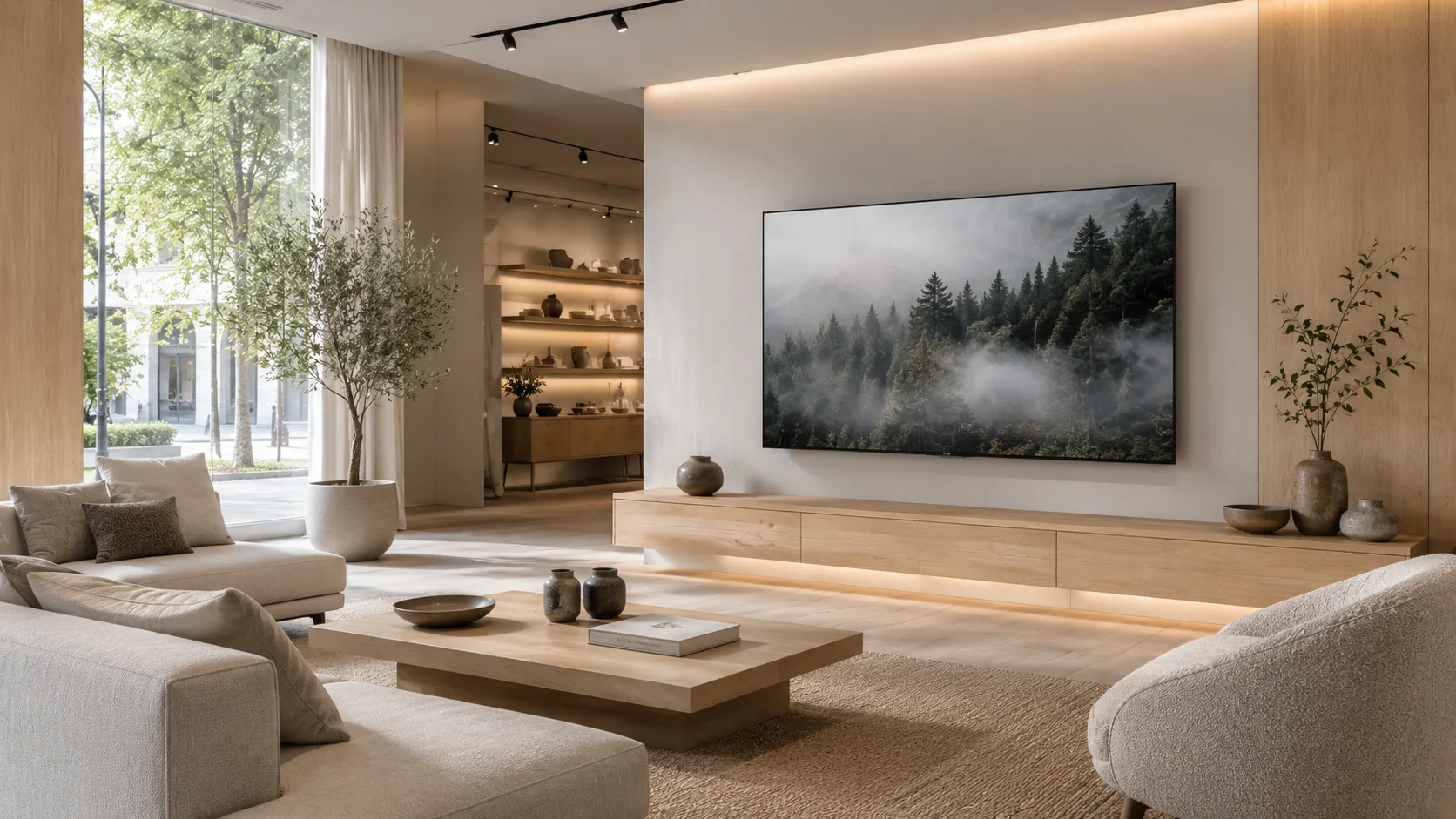 Prop TV with a misty forest screen image above a light wood cabinet in a bright showroom with neutral sofas.