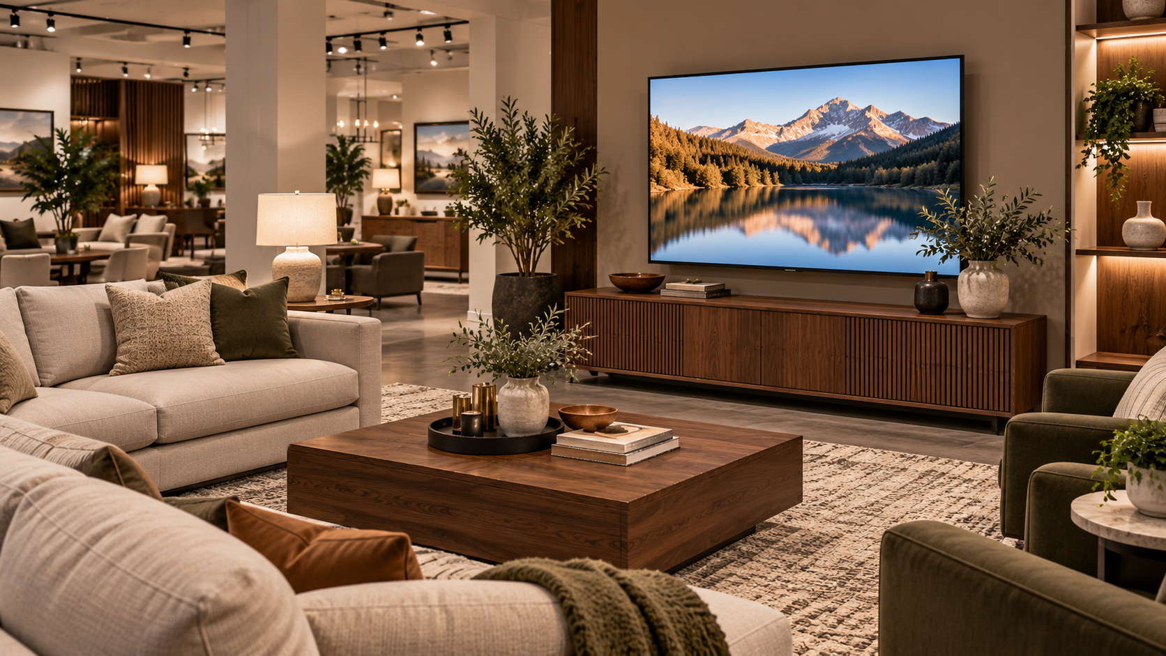 Prop TV with a mountain-lake screen image above a wood cabinet, with neutral sofas, a coffee table and showroom lighting.