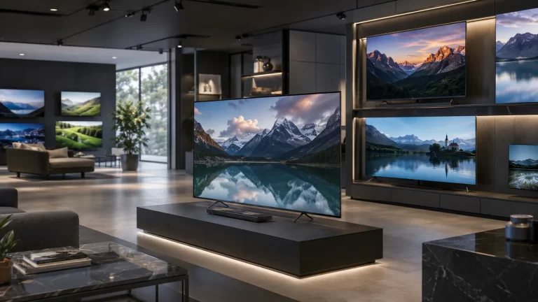 Prop TVs of different sizes with landscape screen images, arranged on wall displays and a central showroom platform.