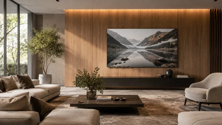Prop TV with a mountain-lake screen image on a wood wall above a dark media cabinet in a sunlit living room.